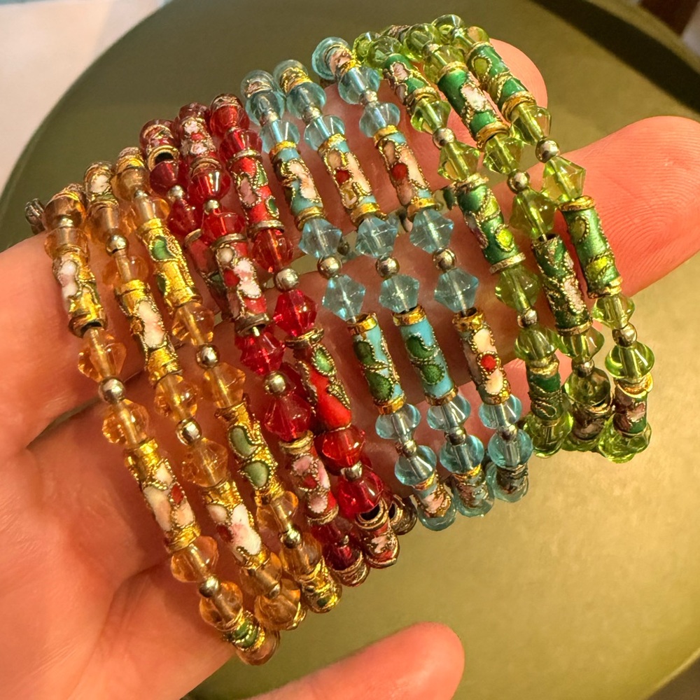 Vintage Cloisonné Enamel Bead Memory Wire Bracelet Set of‎ Four Multicolor Boho